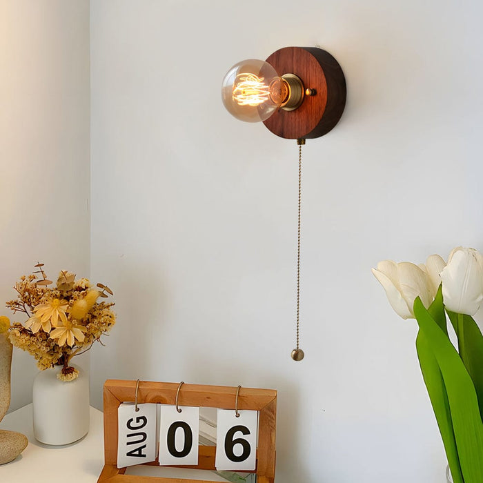 Round/Square Vintage Walnut Wood Wall Lamp 1-light with Pull Chain Switch