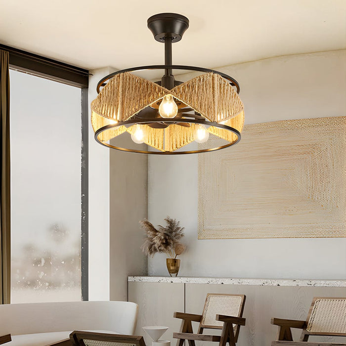 20-in Hemp Rope-Woven Caged Ceiling Fan with Light and Remote. 6-Speed