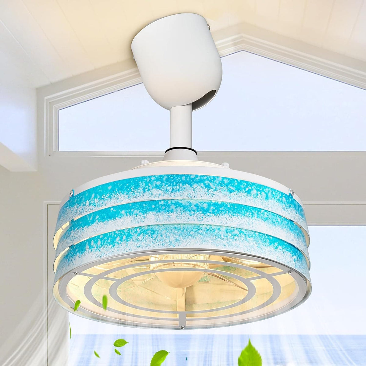 12 in. Ocean Waves Design Caged Coastal Ceiling Fans with Dimmable Lig ...