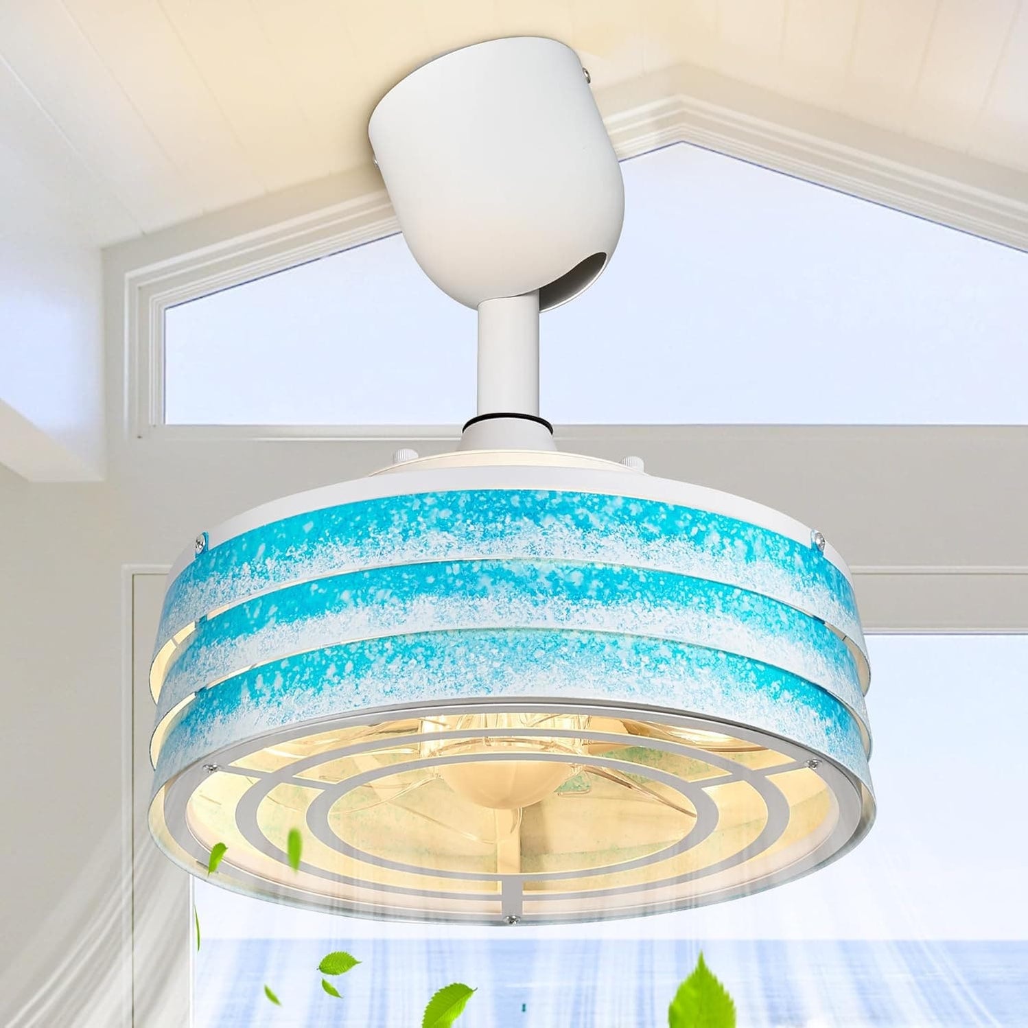 12 in. Ocean Waves Design Caged Coastal Ceiling Fans with Dimmable Lig ...
