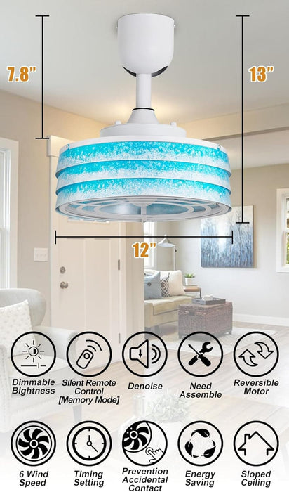 12 in. Ocean Waves Design Caged Coastal Ceiling Fans with Dimmable Light and Remote Control, Semi-Flush Mount Ceiling Fan for Bedroom Kitchen, Gazebo Fan-ErisView-08