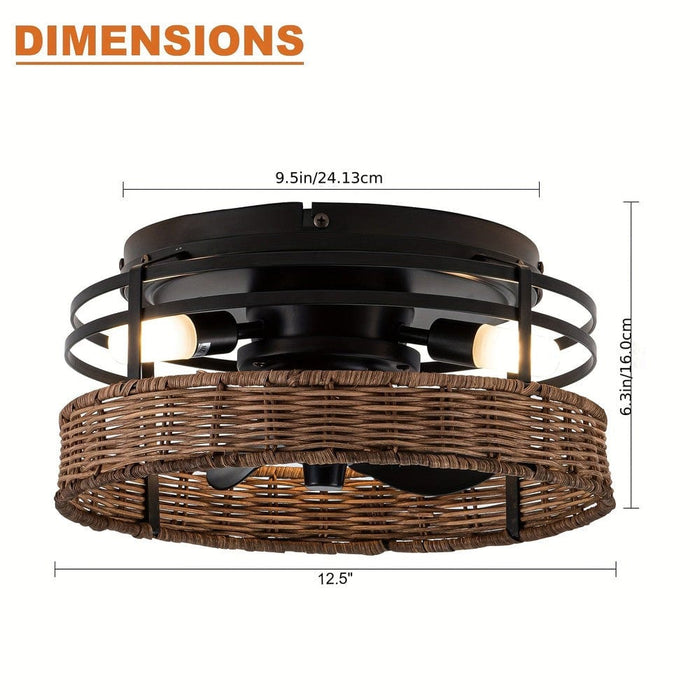 13 in. 3-Blade Drum Ceiling Fan with Woven Rattan Shade, Low Profile Ceiling Fan with Light and Remote Control-ErisView