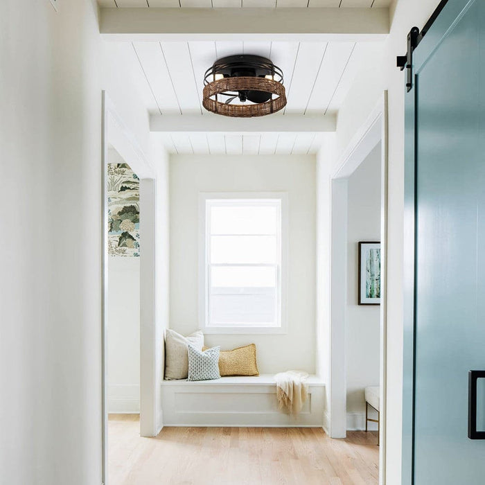 13 in. 3-Blade Drum Ceiling Fan with Woven Rattan Shade, Low Profile Ceiling Fan with Light and Remote Control-ErisView