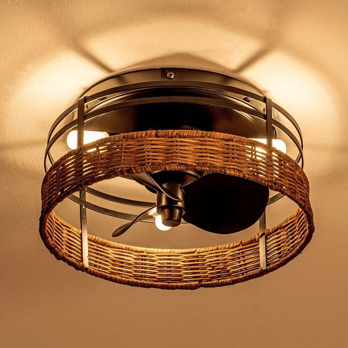 13 in. 3-Blade Drum Ceiling Fan with Woven Rattan Shade, Low Profile Ceiling Fan with Light and Remote Control-ErisView