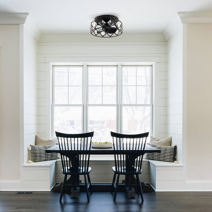 13 in. Black Modern Flush Mount Crystal Ceiling Fan with Light Remote Control-ErisView