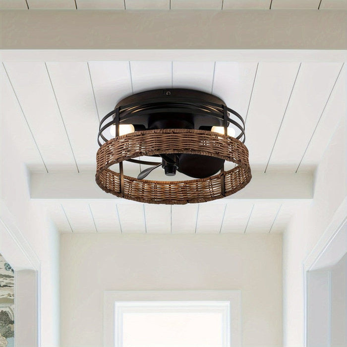 13 in. Farmhouse Flush Mount Reversible Ceiling Fan with Lighting and Remote Control-Brown-ErisView