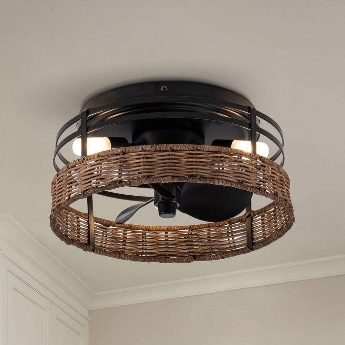 13 in. Farmhouse Flush Mount Reversible Ceiling Fan with Lighting and Remote Control-Brown-ErisView