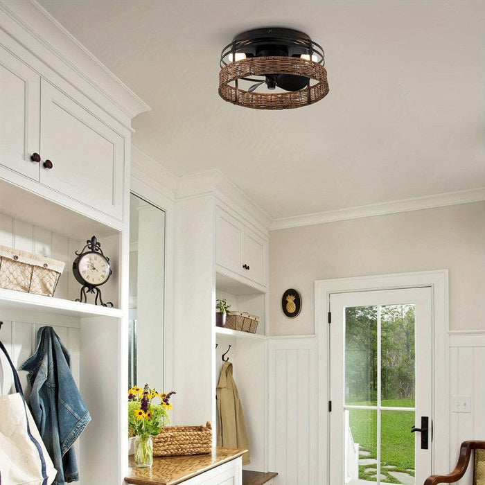13 in. Farmhouse Round Flush Mount Ceiling Fan with Light Remote Control-ErisView