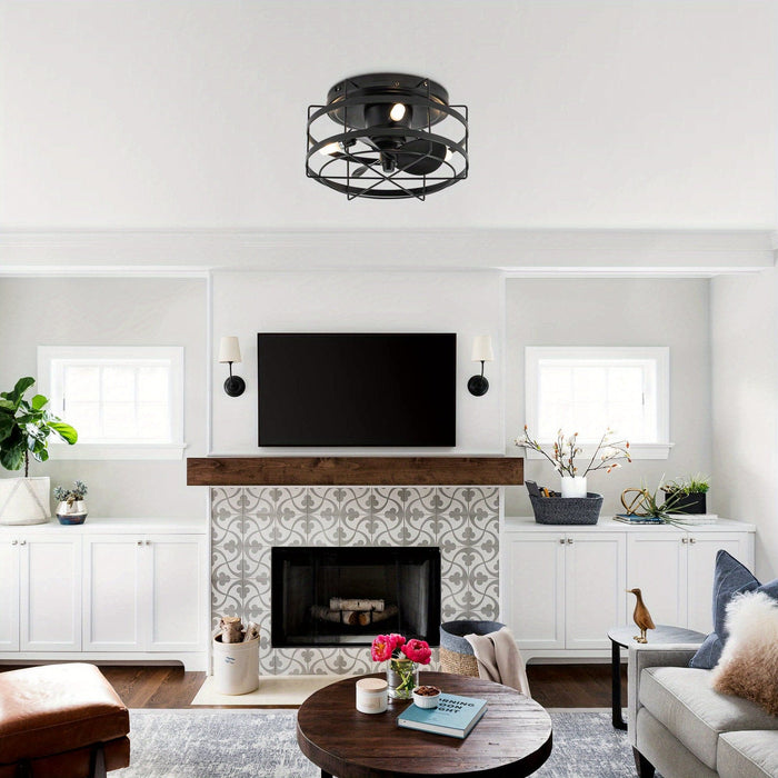13 in. Industrial Black Flush Mount Ceiling Fan with Remote Control, Small Round Industrial Caged Ceiling Fan-ErisView