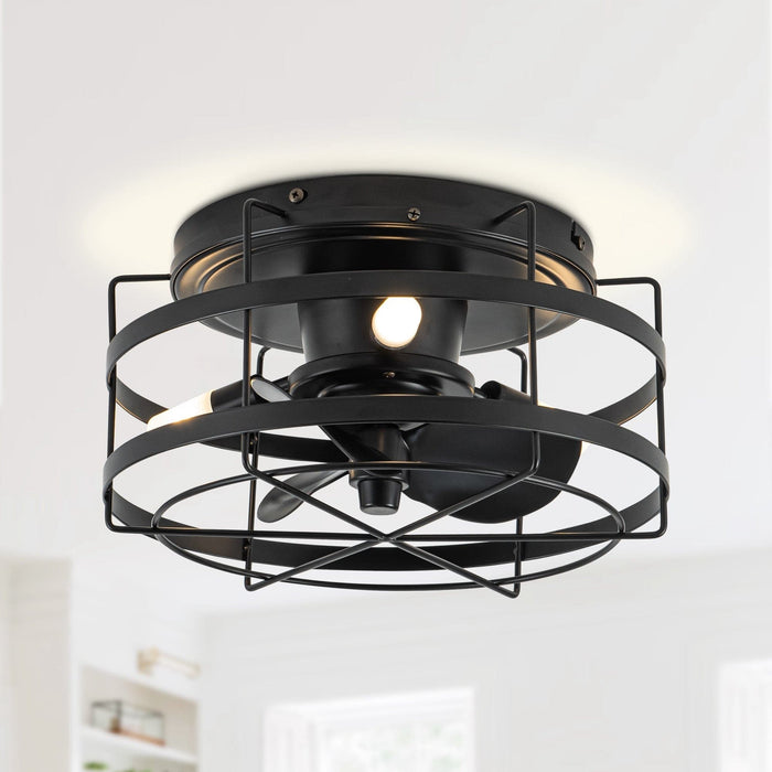 13 in. Industrial Black Flush Mount Ceiling Fan with Remote Control, Small Round Industrial Caged Ceiling Fan-ErisView