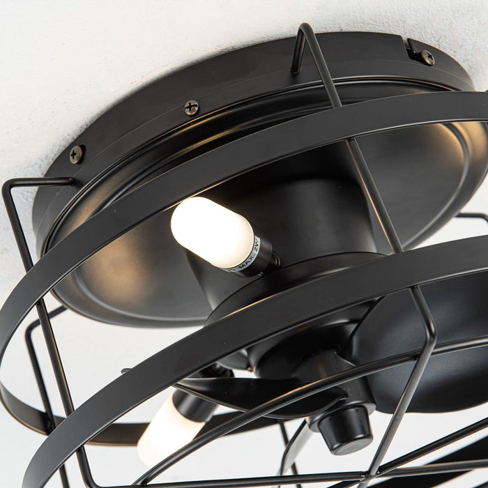 13 in. Industrial Black Flush Mount Ceiling Fan with Remote Control, Small Round Industrial Caged Ceiling Fan-ErisView