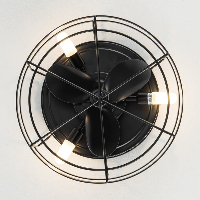 13 in. Industrial Black Flush Mount Ceiling Fan with Remote Control, Small Round Industrial Caged Ceiling Fan-ErisView