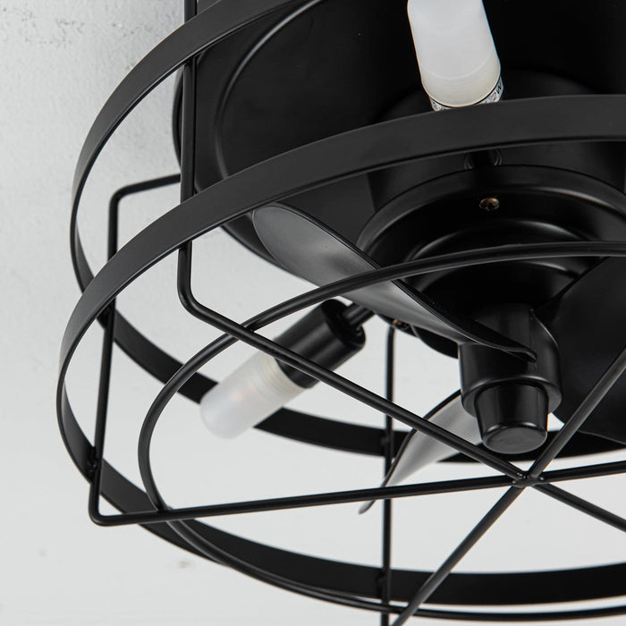 13 in. Industrial Black Flush Mount Ceiling Fan with Remote Control, Small Round Industrial Caged Ceiling Fan-ErisView