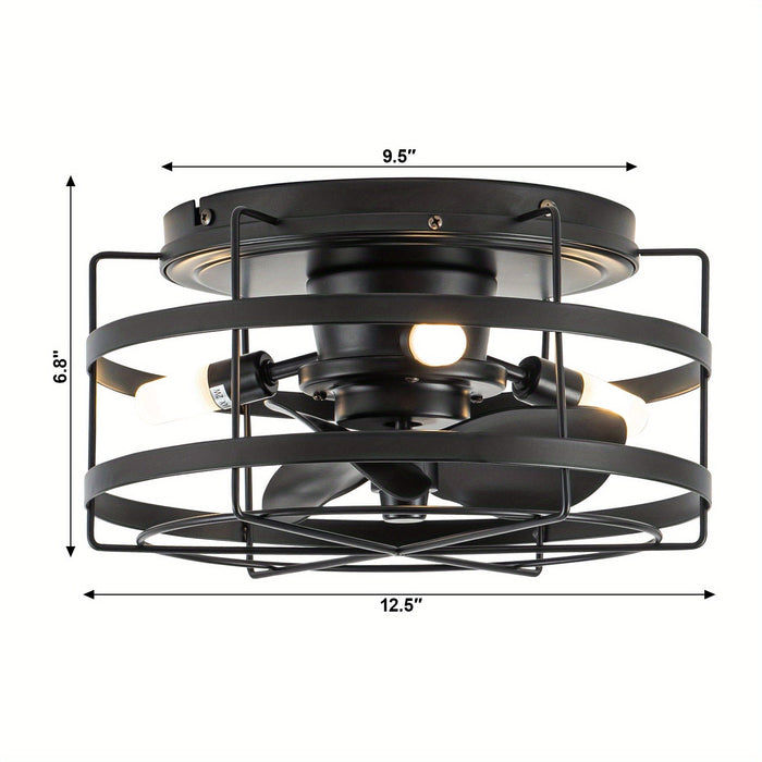 13 in. Industrial Black Flush Mount Ceiling Fan with Remote Control, Small Round Industrial Caged Ceiling Fan-ErisView