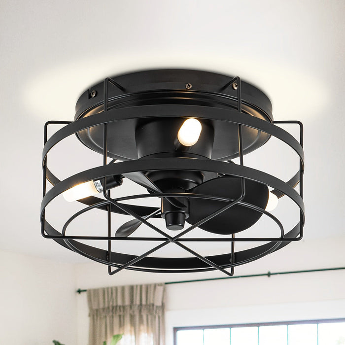 13 in. Industrial Black Flush Mount Ceiling Fan with Remote Control, Small Round Industrial Caged Ceiling Fan-ErisView