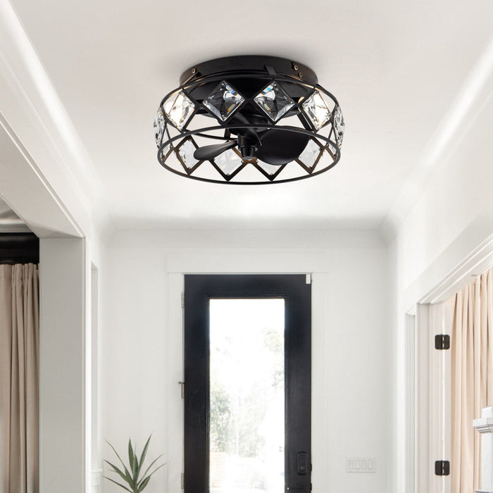 13 in. Modern Reversible Crystal Ceiling Fan, Black Flush Mount Ceiling Fan with Light Remote-ErisView