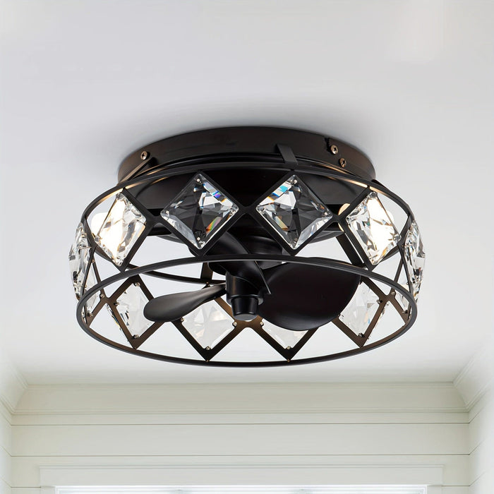 13 in. Modern Reversible Crystal Ceiling Fan, Black Flush Mount Ceiling Fan with Light Remote-ErisView