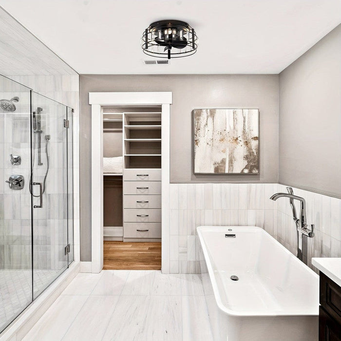 13 in. Modern Round Black Crystal Flush Mount Ceiling Fan with Light Remote Control-ErisView