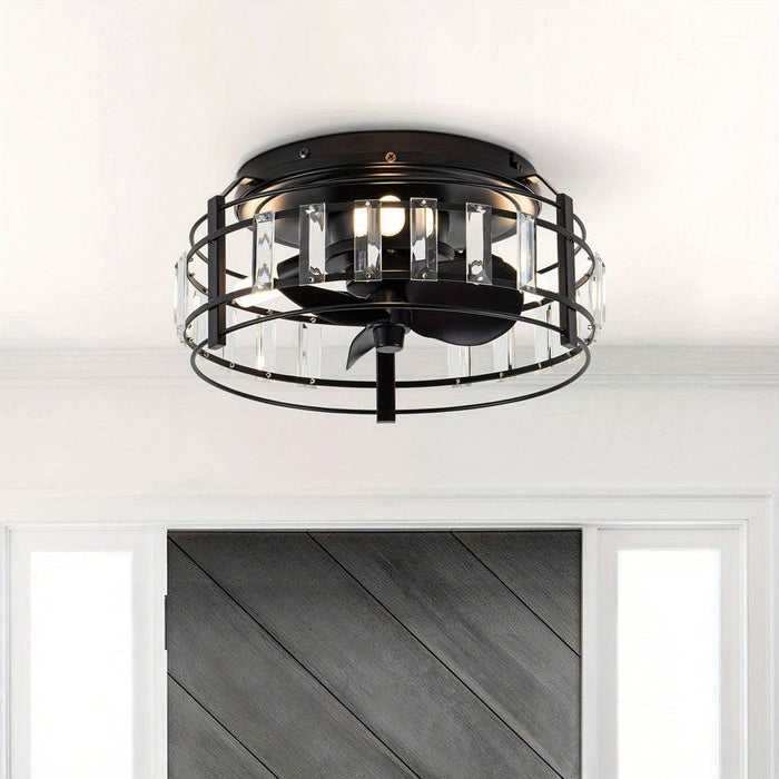 13 in. Modern Round Black Crystal Flush Mount Ceiling Fan with Light Remote Control-ErisView