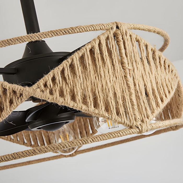 20-in Hemp Rope-Woven Caged Ceiling Fan with Light and Remote. 6-Speed