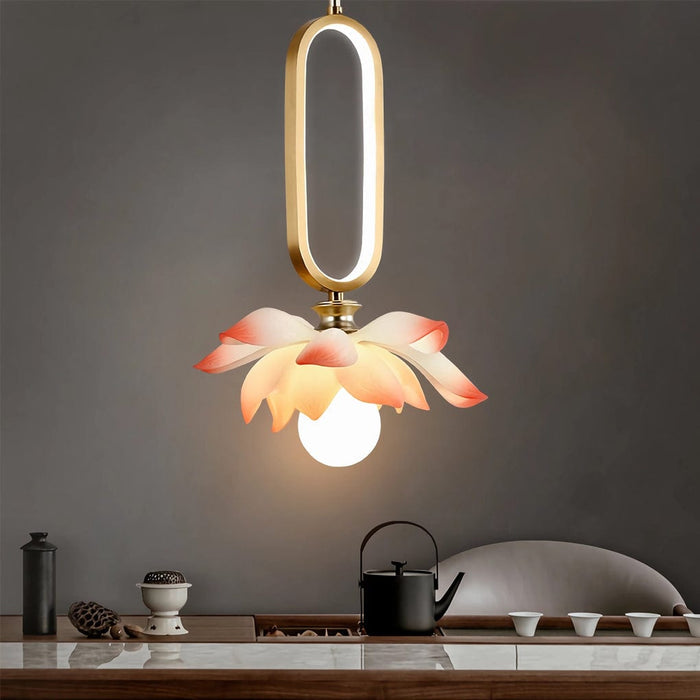 Creative Lotus Flowers Luminous Copper Oval Ring LED Modern Pendant Lights