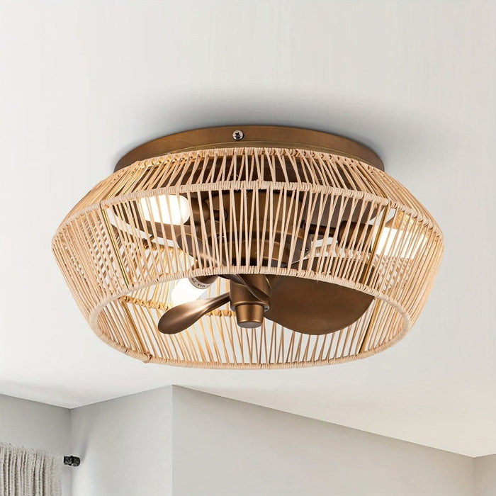 14 in. Coastal Gold Flush Mount Ceiling Fan with LED Light Kit Remote Control, Farmhouse Reversible Bladeless Ceiling Fan with Case ErisView