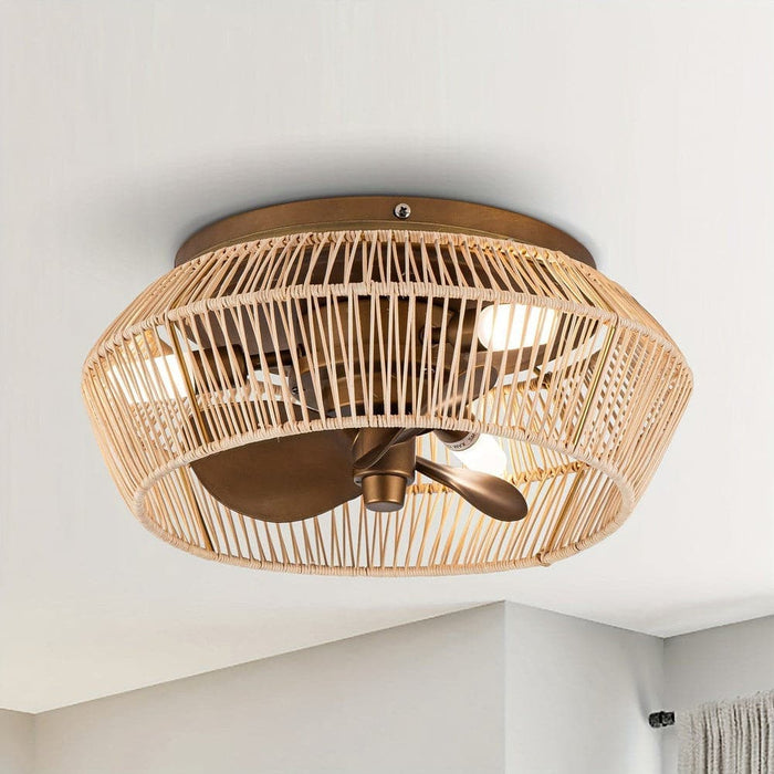 14 in. Farmhouse Reversible Bladeless Ceiling Fan with Case, Coastal Gold Flush Mount Ceiling Fan with LED Light Kit Remote Control-ErisView