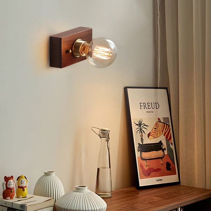Round/Square Vintage Walnut Wood Wall Lamp 1-light with Pull Chain Switch