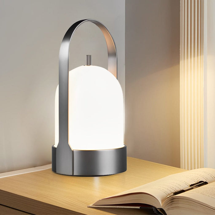 Electroplating Metal Portable Table Lamp With Arched Handle LED Touch Dimming Bedside Light