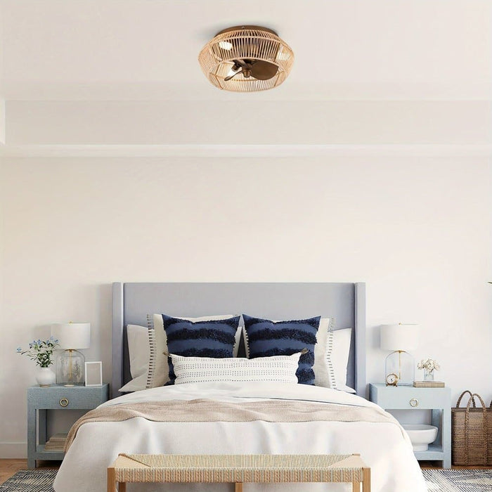 14 in. Coastal Gold Flush Mount Ceiling Fan with LED Light Kit Remote Control, Farmhouse Reversible Bladeless Ceiling Fan with Case ErisView
