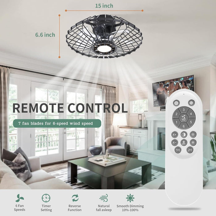 15 in. Black Caged Flush Mount Bladeless Ceiling Fan with Light and Remote,, Small Farmhouse Low Profile Ceiling Fan for Bedroom Dining Room-2-ErisView