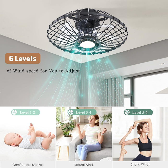 15 in. Black Caged Flush Mount Bladeless Ceiling Fan with Light and Remote,, Small Farmhouse Low Profile Ceiling Fan for Bedroom Dining Room-3-ErisView