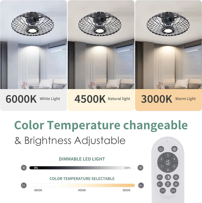 15 in. Black Caged Flush Mount Bladeless Ceiling Fan with Light and Remote,, Small Farmhouse Low Profile Ceiling Fan for Bedroom Dining Room-4-ErisView