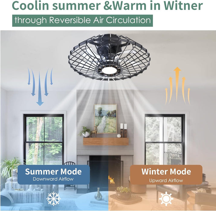 15 in. Black Caged Flush Mount Bladeless Ceiling Fan with Light and Remote,, Small Farmhouse Low Profile Ceiling Fan for Bedroom Dining Room-5-ErisView