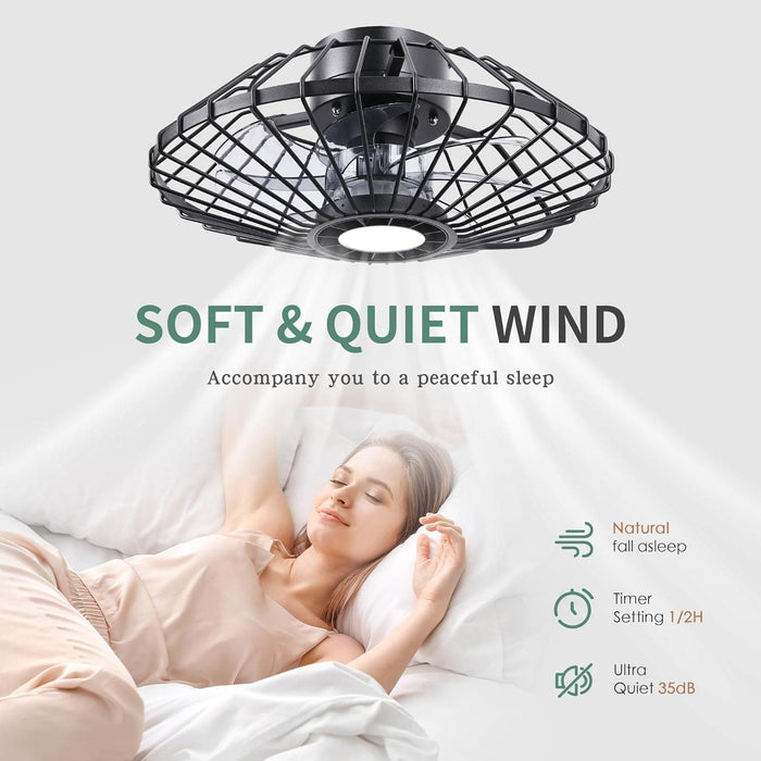 15 in. Black Caged Flush Mount Bladeless Ceiling Fan with Light and Remote,, Small Farmhouse Low Profile Ceiling Fan for Bedroom Dining Room-6-ErisView