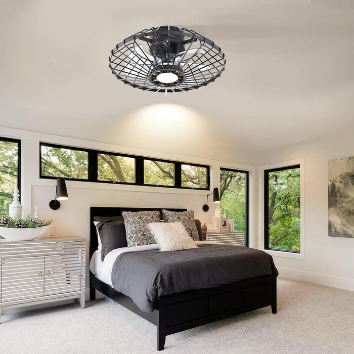 15 in. Black Caged Flush Mount Bladeless Ceiling Fan with Light and Remote,, Small Farmhouse Low Profile Ceiling Fan for Bedroom Dining Room-8-ErisView