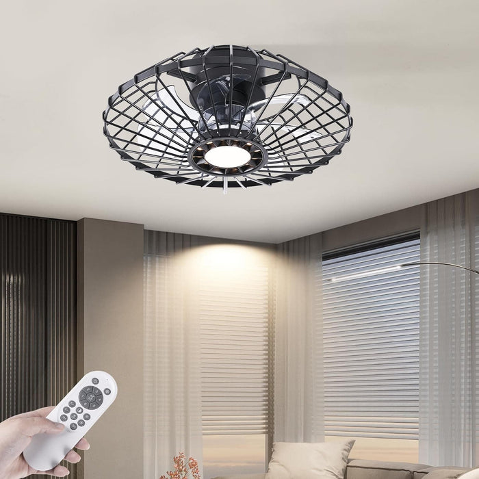 15 in. Black Caged Flush Mount Bladeless Ceiling Fan with Light and Remote,, Small Farmhouse Low Profile Ceiling Fan for Bedroom Dining Room-1-ErisView