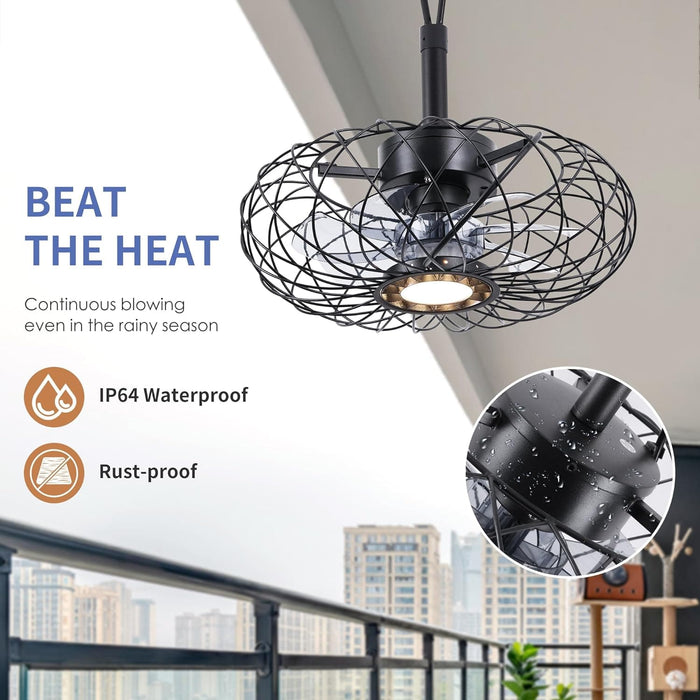 15 in. Black Gazebo Fan with Light, Small Outdoor Ceiling Fan with Light and Remote, Indoor Caged Waterproof Dimmable Outdoor Patio Fans-3-ErisView