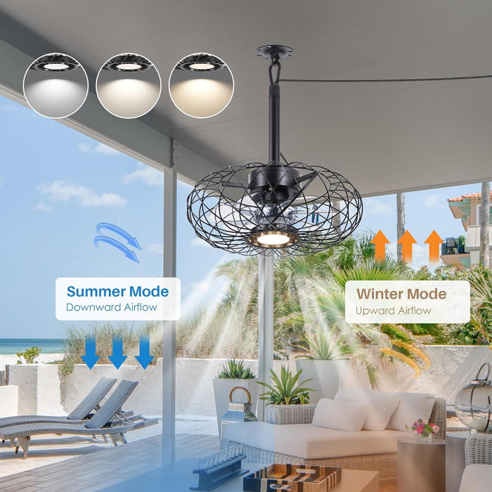 15 in. Black Gazebo Fan with Light, Small Outdoor Ceiling Fan with Light and Remote, Indoor Caged Waterproof Dimmable Outdoor Patio Fans-5-ErisView