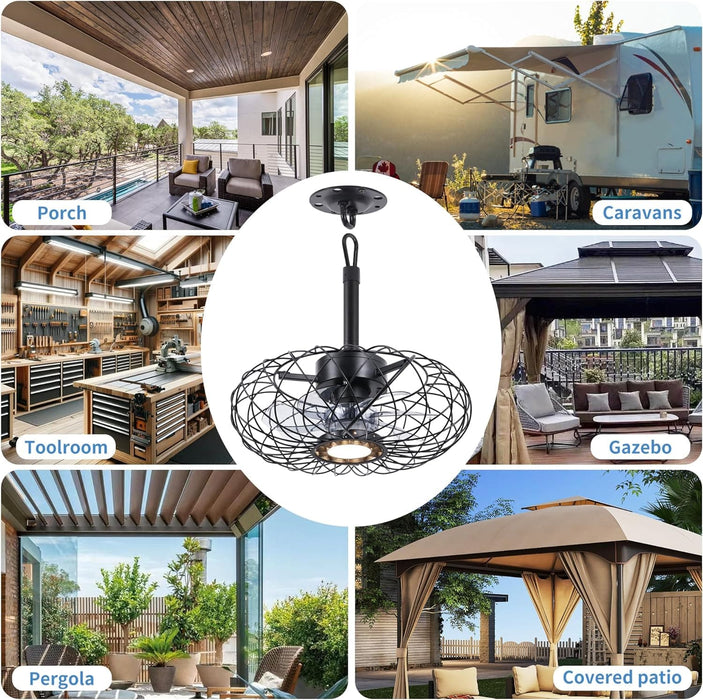 15 in. Black Gazebo Fan with Light, Small Outdoor Ceiling Fan with Light and Remote, Indoor Caged Waterproof Dimmable Outdoor Patio Fans-6-ErisView