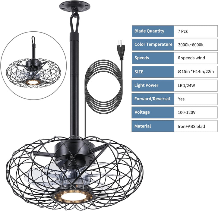 15 in. Black Gazebo Fan with Light, Small Outdoor Ceiling Fan with Light and Remote, Indoor Caged Waterproof Dimmable Outdoor Patio Fans-8-ErisView