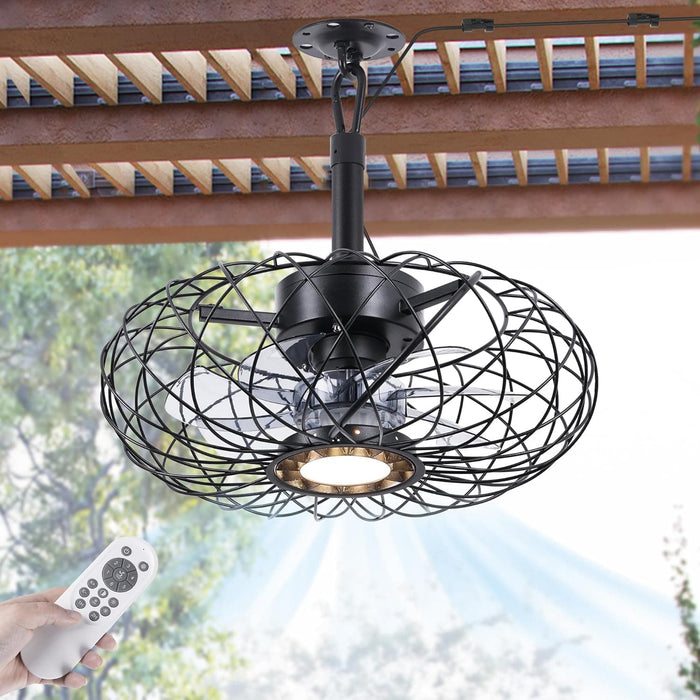 15 in. Black Gazebo Fan with Light, Small Outdoor Ceiling Fan with Light and Remote, Indoor Caged Waterproof Dimmable Outdoor Patio Fans-1-ErisView