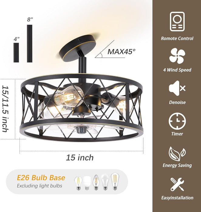 15 in. Caged Bladeless Ceiling Fan with Lights and Remote, Black Industrial Flush Mount Ceiling Fan Light Fixture for Bedroom Kitchen Living Room-2-ErisView