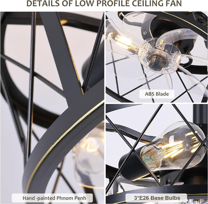 15 in. Caged Bladeless Ceiling Fan with Lights and Remote, Black Industrial Flush Mount Ceiling Fan Light Fixture for Bedroom Kitchen Living Room-3-ErisView