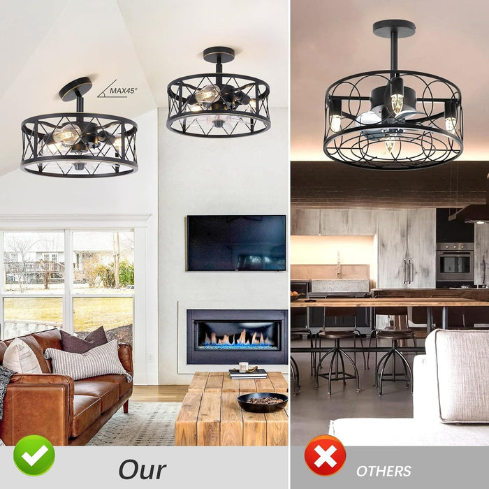 15 in. Caged Bladeless Ceiling Fan with Lights and Remote, Black Industrial Flush Mount Ceiling Fan Light Fixture for Bedroom Kitchen Living Room-4-ErisView