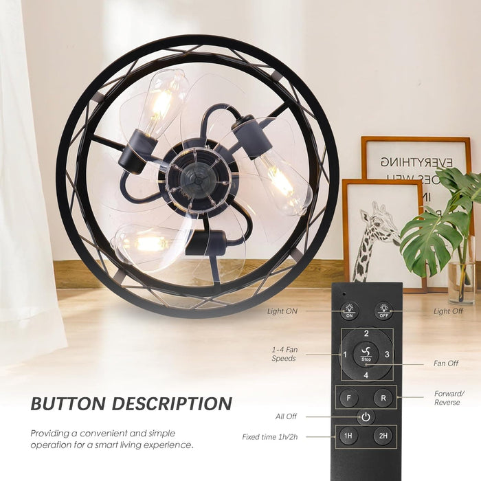 15 in. Caged Bladeless Ceiling Fan with Lights and Remote, Black Industrial Flush Mount Ceiling Fan Light Fixture for Bedroom Kitchen Living Room-5-ErisView