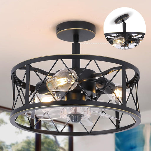 15 in. Caged Bladeless Ceiling Fan with Lights and Remote, Black Industrial Flush Mount Ceiling Fan Light Fixture for Bedroom Kitchen Living Room-1-ErisView