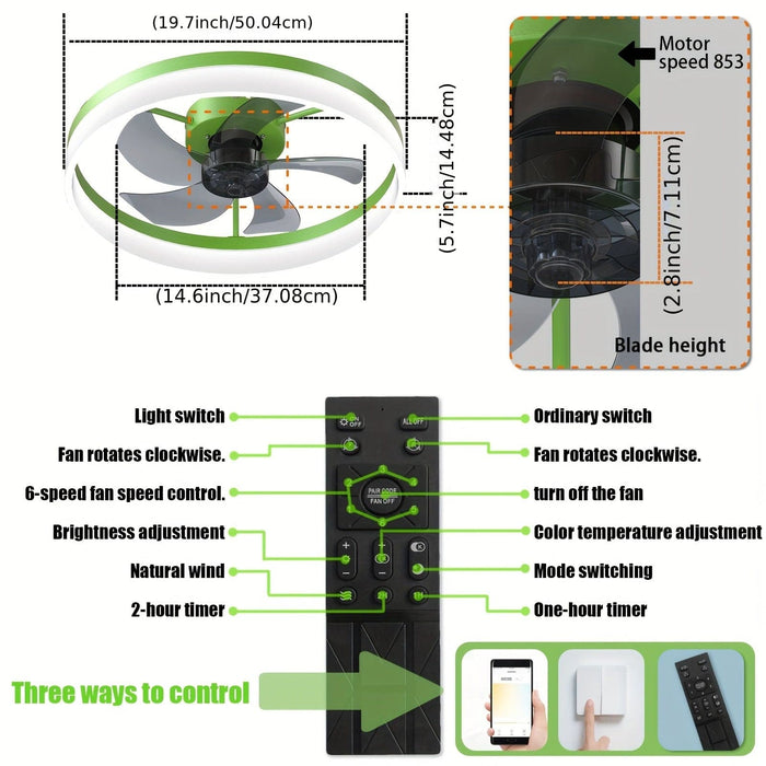 15 in. Green LED Ceiling Fan with Remote, Modern Dimmable Ceiling Fan for Bedroom-ErisView