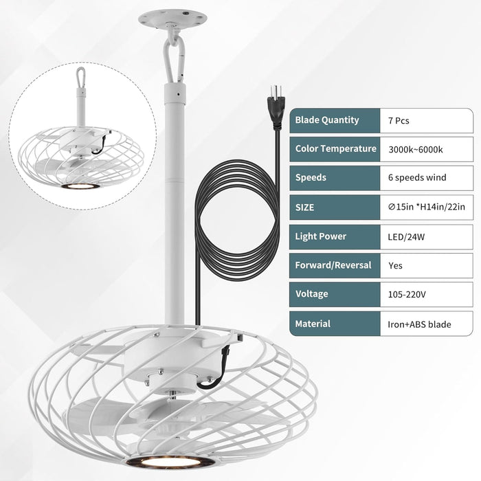 15 in. Outdoor Ceiling Fan with Light, White Waterproof Gazebo Fan with Light Remote, Dimmable LED Hanging Caged Ceiling Fan Light Fixture, Pergola Fan -5-ErisView