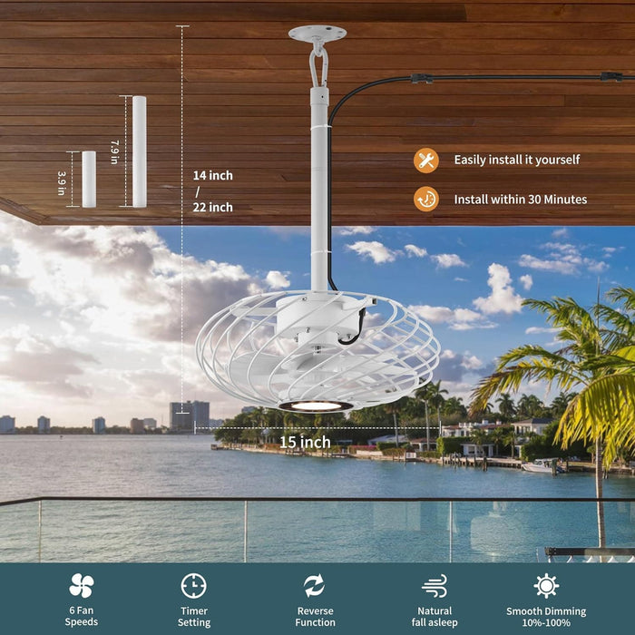 15 in. Outdoor Ceiling Fan with Light, White Waterproof Gazebo Fan with Light Remote, Dimmable LED Hanging Caged Ceiling Fan Light Fixture, Pergola Fan -6-ErisView